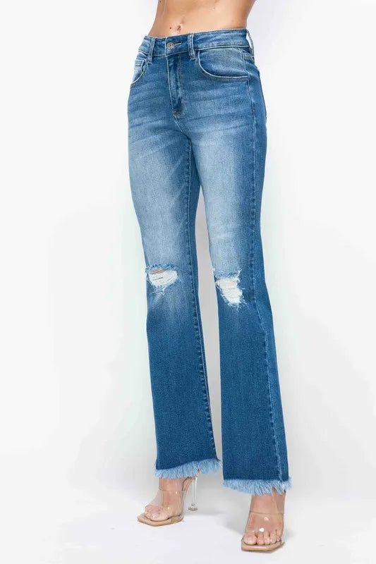 bytos Full Size Raw Hem Distressed High Rise Bootcut Jeans - Medium by Trendsi from FREYA’S CLOSET
