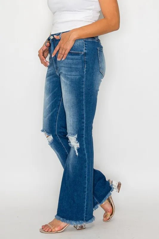 bytos Full Size Raw Hem Distressed High Rise Bootcut Jeans - Medium by Trendsi from FREYA’S CLOSET