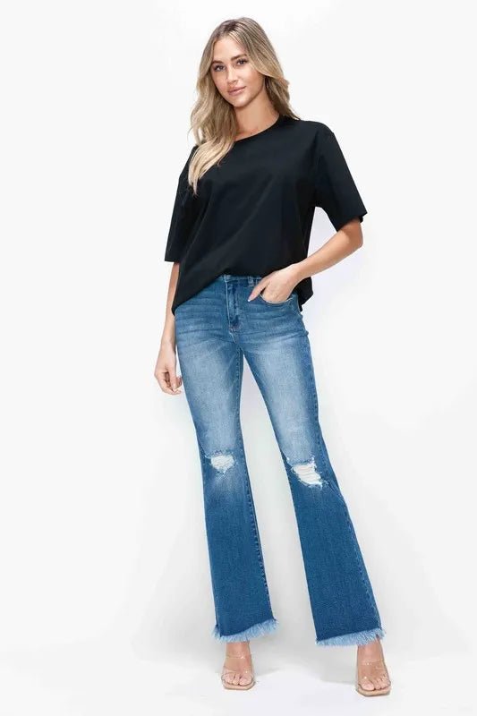 bytos Full Size Raw Hem Distressed High Rise Bootcut Jeans - Medium by Trendsi from FREYA’S CLOSET