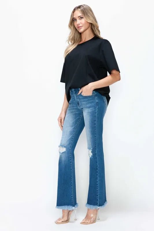 bytos Full Size Raw Hem Distressed High Rise Bootcut Jeans - Medium by Trendsi from FREYA’S CLOSET