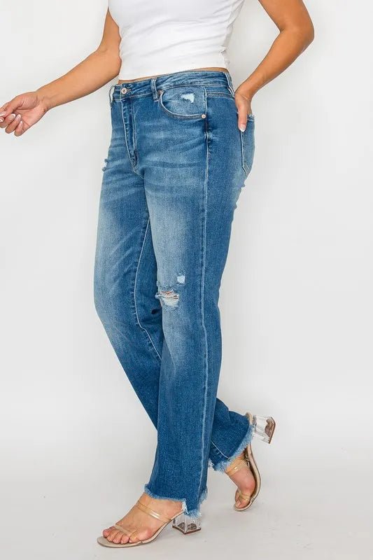 bytos Full Size Raw Hem Distressed Mid Rise Straight Jeans - Medium by Trendsi from FREYA’S CLOSET