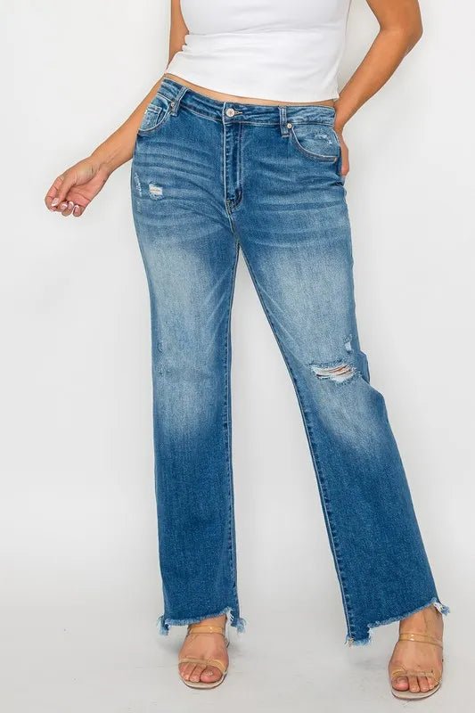 bytos Full Size Raw Hem Distressed Mid Rise Straight Jeans - Medium by Trendsi from FREYA’S CLOSET