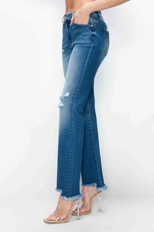 bytos Full Size Raw Hem Distressed Mid Rise Straight Jeans - Medium by Trendsi from FREYA’S CLOSET
