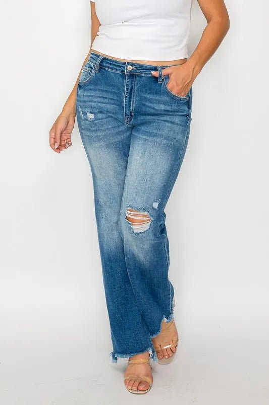 bytos Full Size Raw Hem Distressed Mid Rise Straight Jeans - Medium by Trendsi from FREYA’S CLOSET