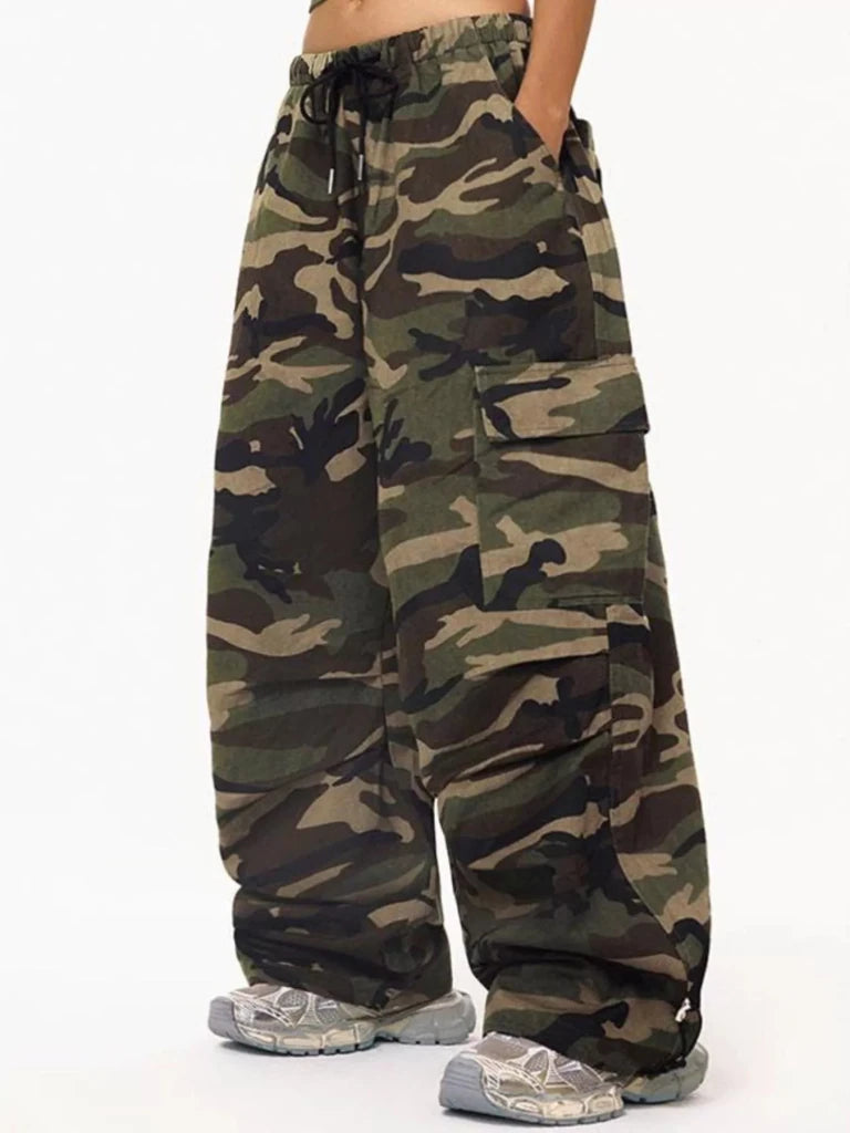 Army green camouflage cargo pants with drawstring waist, view 2
