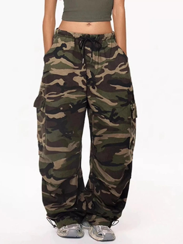Army green camouflage cargo pants with drawstring waist