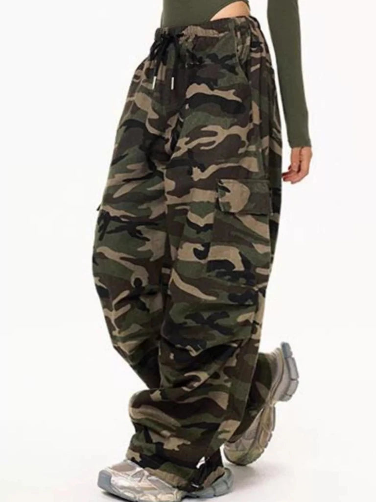 Army green camouflage cargo pants with drawstring waist, view 3