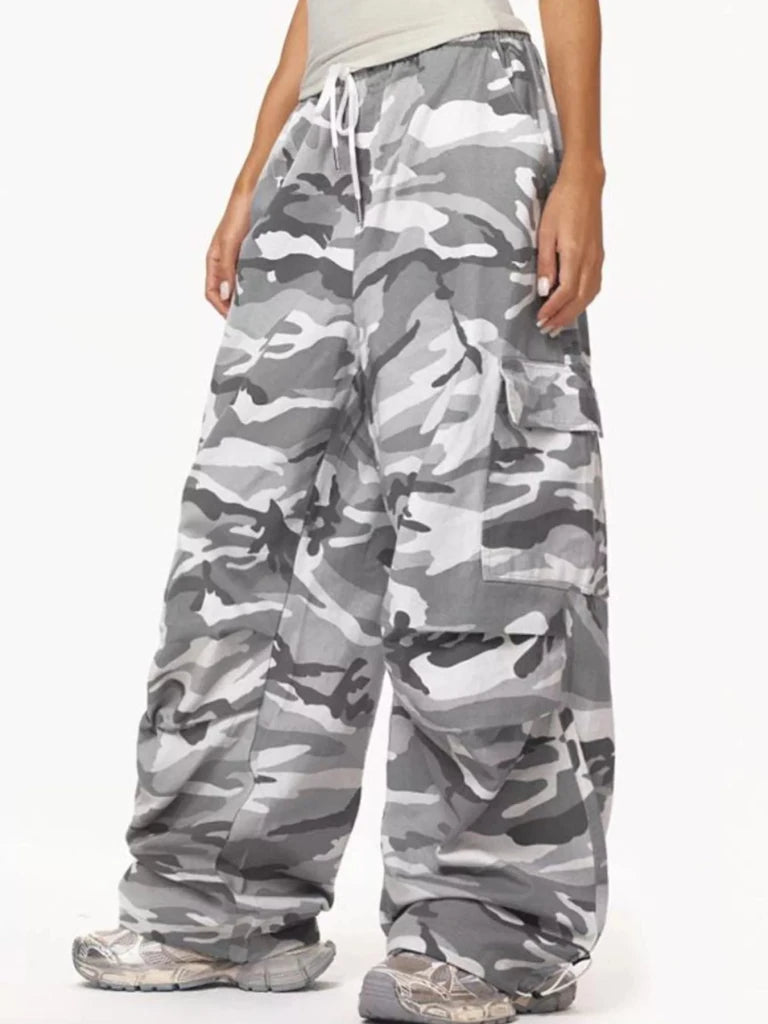 Gray camouflage cargo pants with drawstring waist, view 2