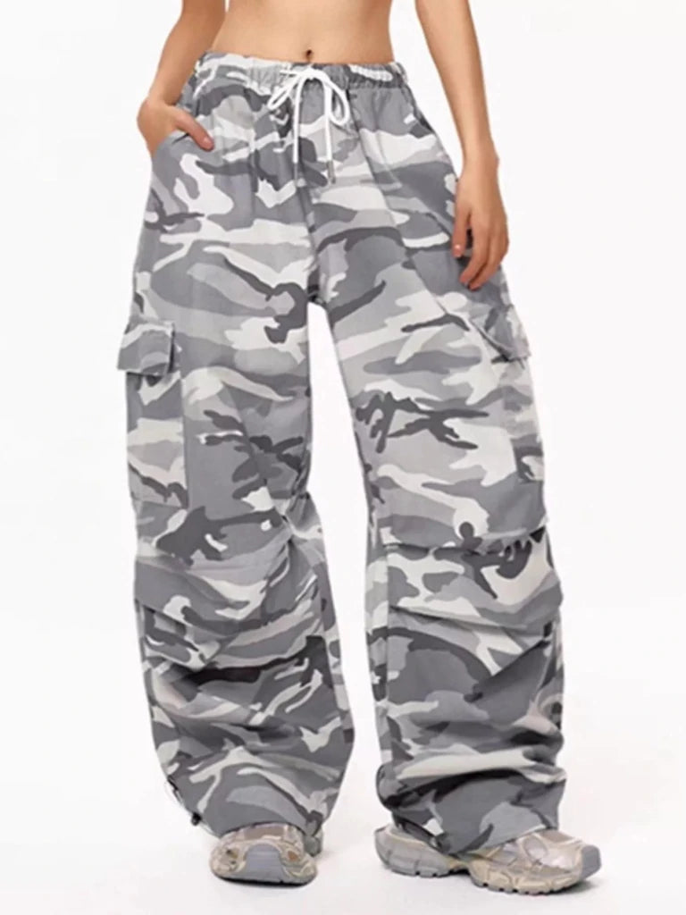 Gray camouflage cargo pants with drawstring waist