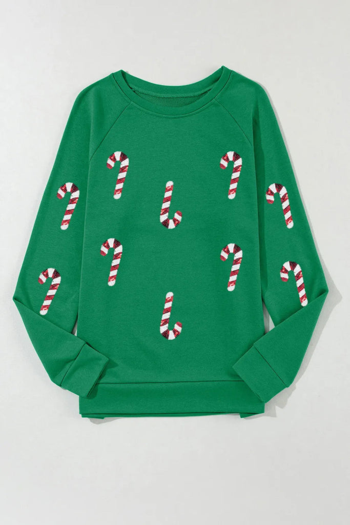 Candy Cane Round Neck Long Sleeve Sweatshirt - Dark Green by Trendsi from FREYA’S CLOSET