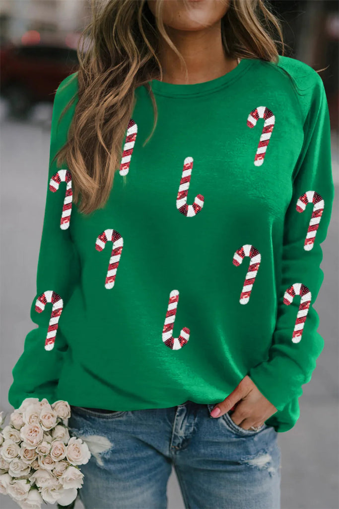 Candy Cane Round Neck Long Sleeve Sweatshirt - Dark Green by Trendsi from FREYA’S CLOSET