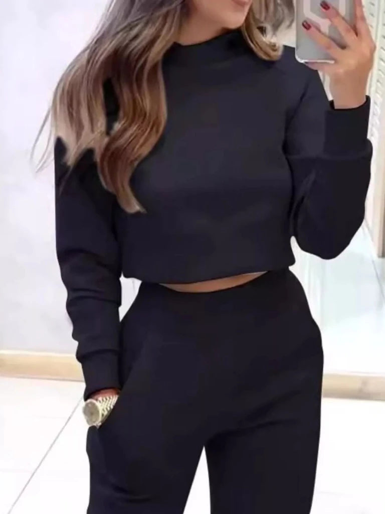 Casual Chic Cropped Sweatshirt and Jogger Set - Black by Trendsi from FREYA’S CLOSET