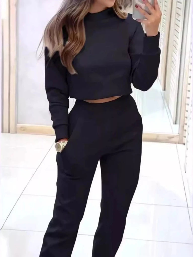 Casual Chic Cropped Sweatshirt and Jogger Set - Black by Trendsi from FREYA’S CLOSET