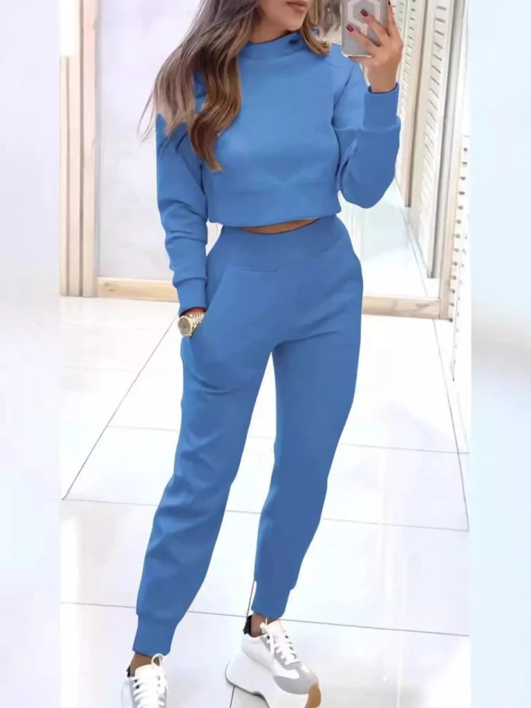 Casual Chic Cropped Sweatshirt and Jogger Set - Blue by Trendsi from FREYA’S CLOSET