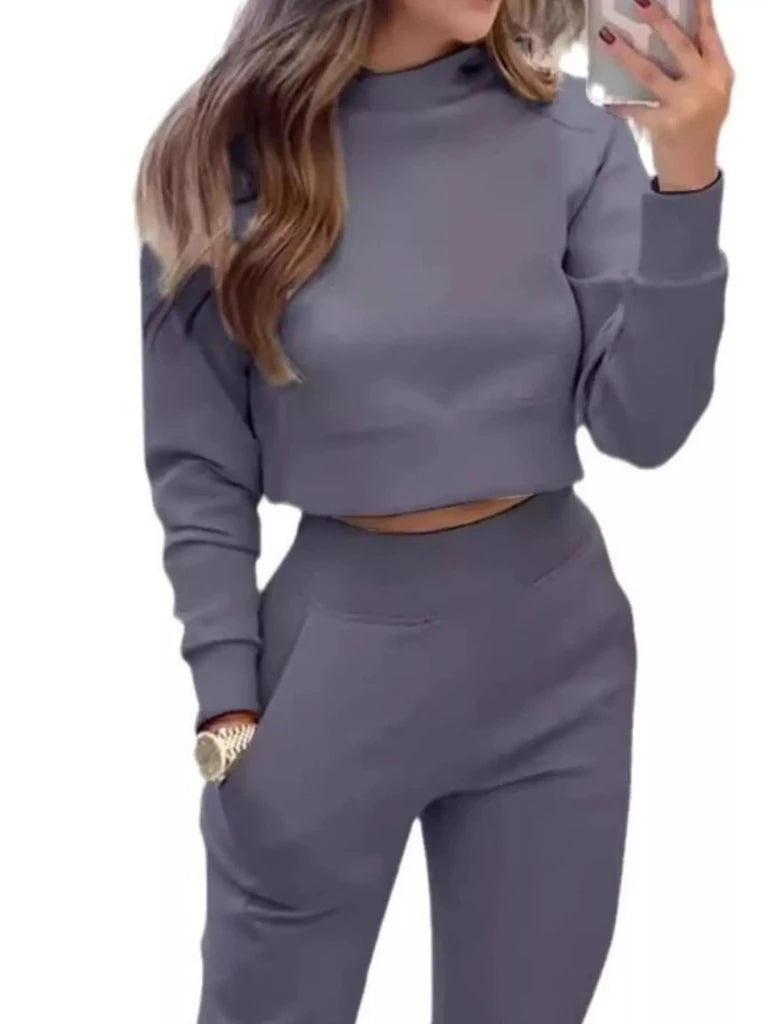 Casual Chic Cropped Sweatshirt and Jogger Set - Gray by Trendsi from FREYA’S CLOSET