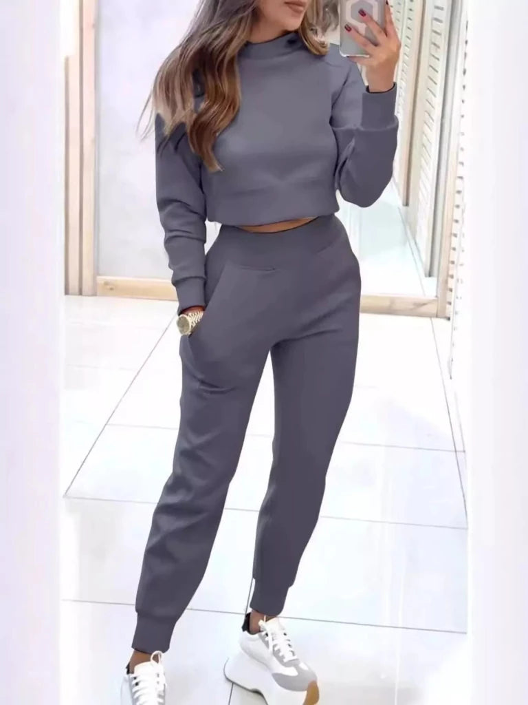 Casual Chic Cropped Sweatshirt and Jogger Set - Gray by Trendsi from FREYA’S CLOSET