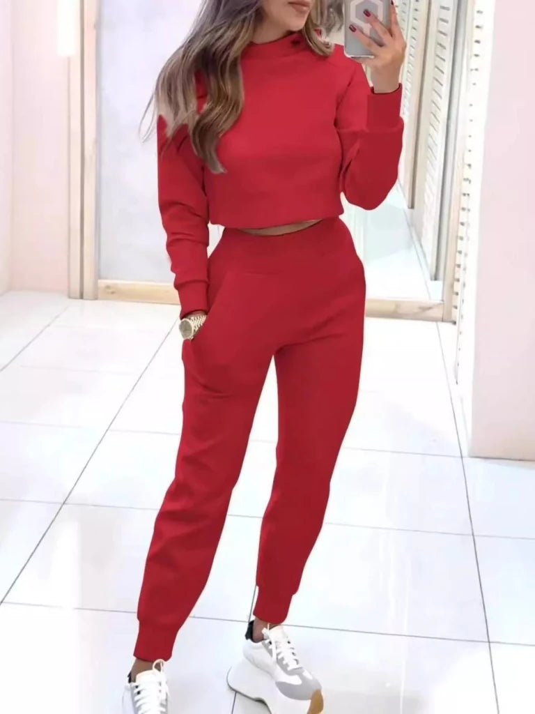 Casual Chic Cropped Sweatshirt and Jogger Set - Red by Trendsi from FREYA’S CLOSET