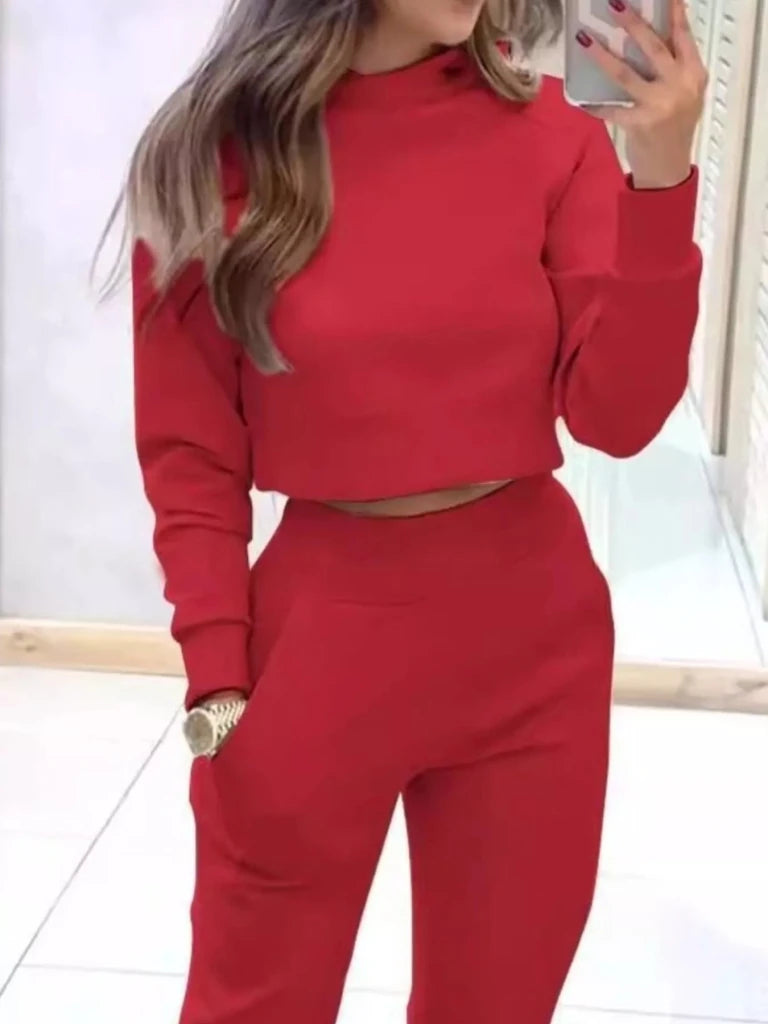 Casual Chic Cropped Sweatshirt and Jogger Set - Red by Trendsi from FREYA’S CLOSET