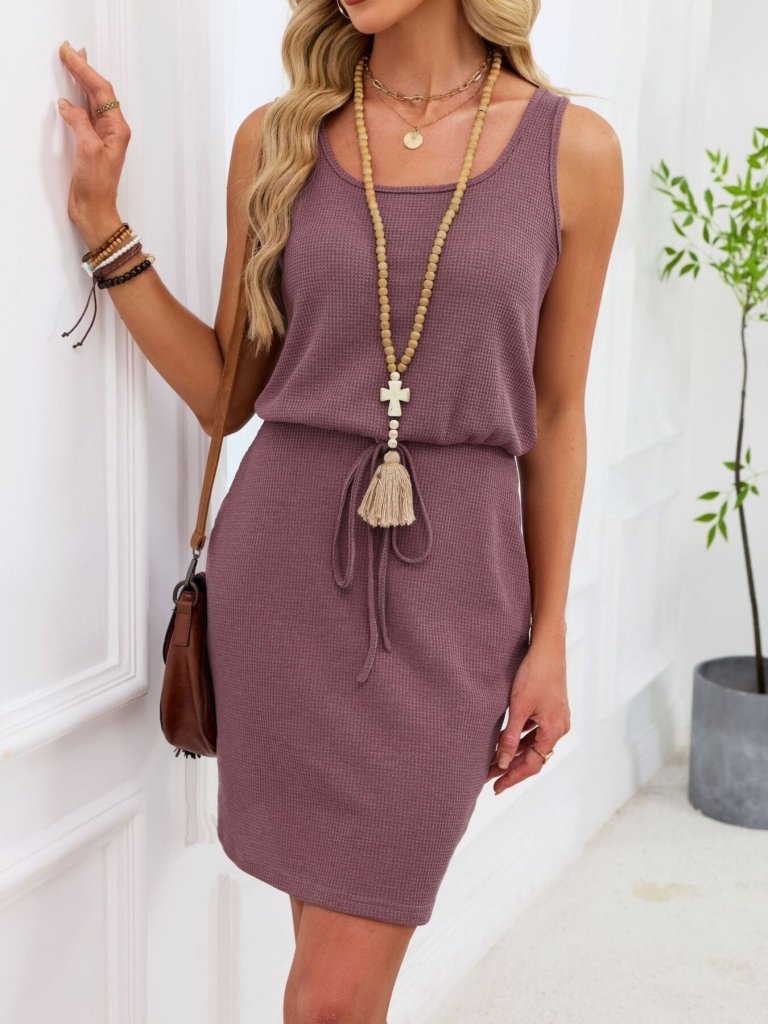 Casual Sleeveless Drawstring Waist Knit Dress - Brick Red by Trendsi from FREYA’S CLOSET