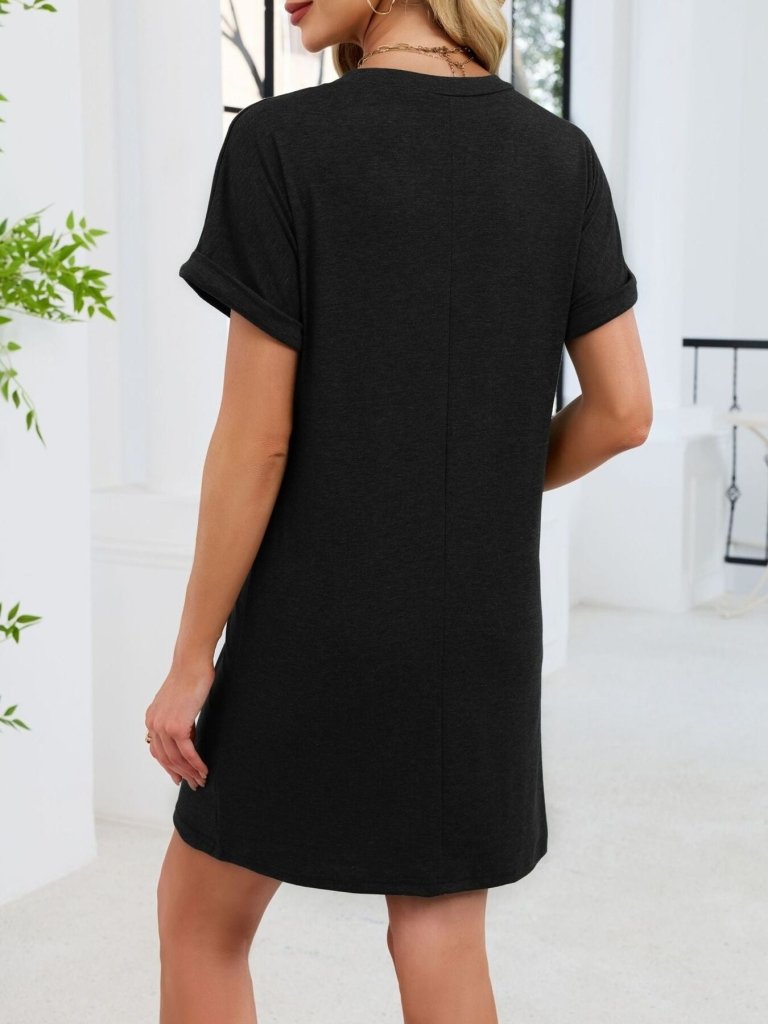 Casual V - Neck Short Sleeve T-Shirt Dress - Black by Trendsi from FREYA’S CLOSET