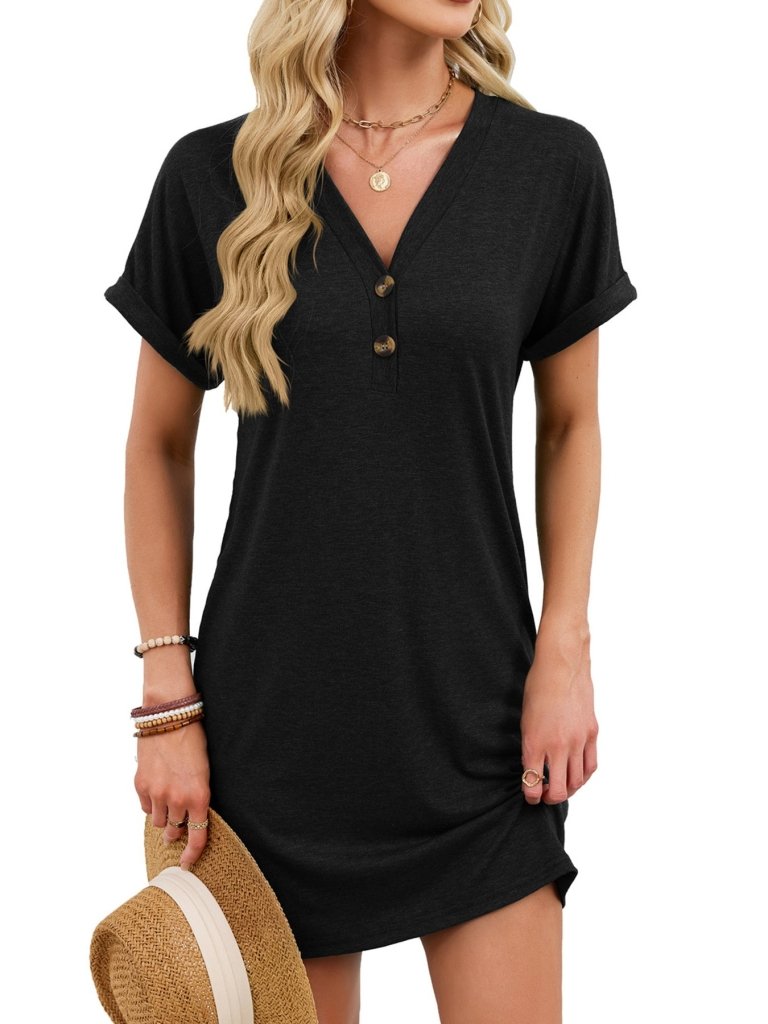 Casual V - Neck Short Sleeve T-Shirt Dress - Black by Trendsi from FREYA’S CLOSET