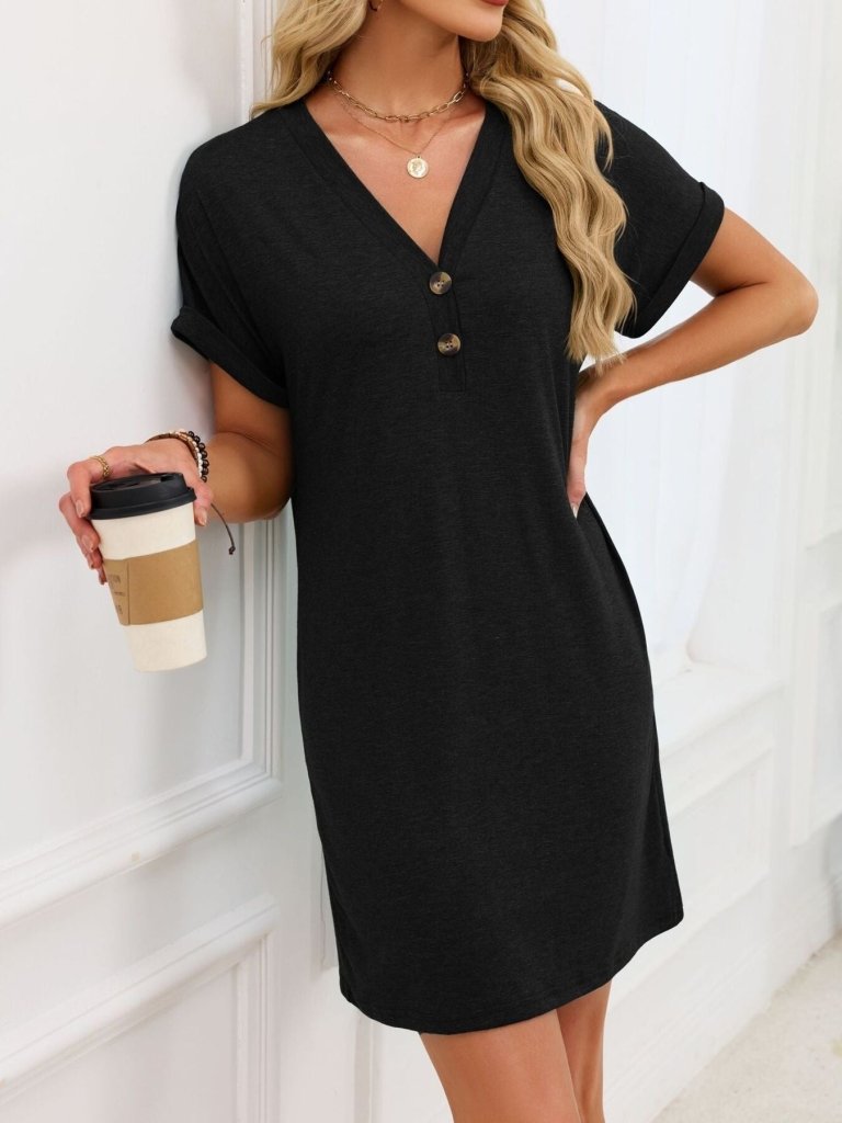 Casual V - Neck Short Sleeve T-Shirt Dress - Black by Trendsi from FREYA’S CLOSET