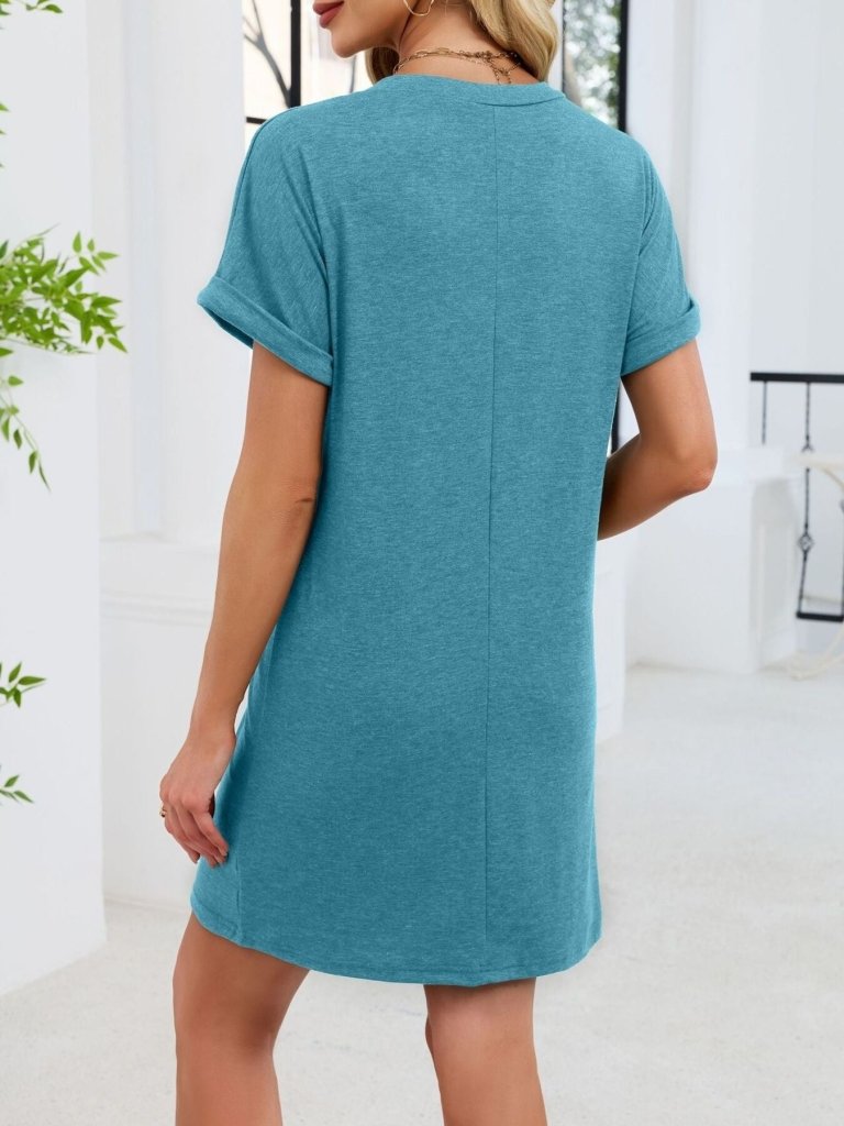 Casual V - Neck Short Sleeve T-Shirt Dress - Blue - green by Trendsi from FREYA’S CLOSET