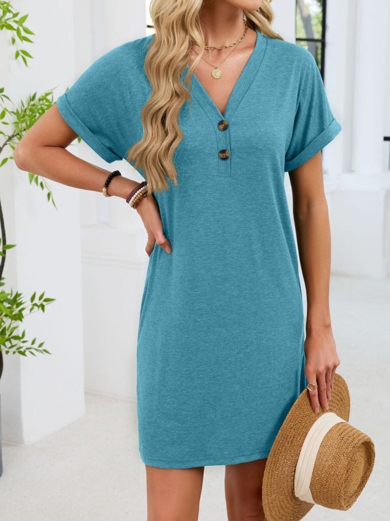 Casual V - Neck Short Sleeve T-Shirt Dress - Blue - green by Trendsi from FREYA’S CLOSET