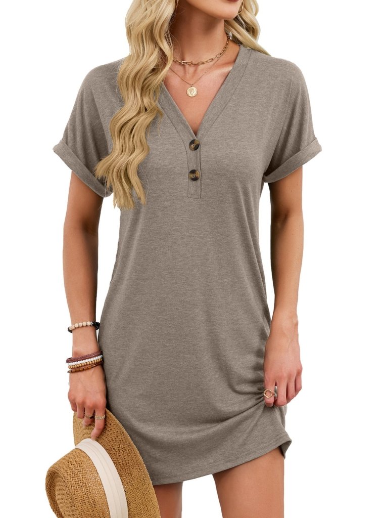Casual V - Neck Short Sleeve T-Shirt Dress - Coffee by Trendsi from FREYA’S CLOSET