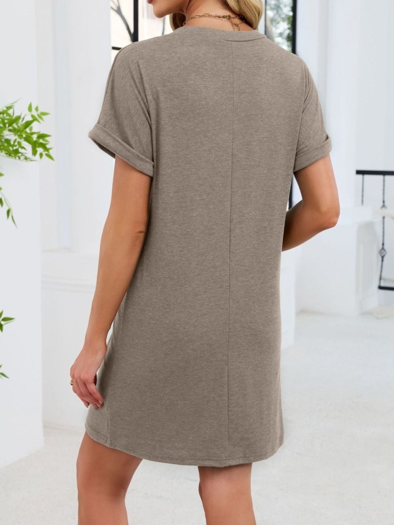 Casual V - Neck Short Sleeve T-Shirt Dress - Coffee by Trendsi from FREYA’S CLOSET