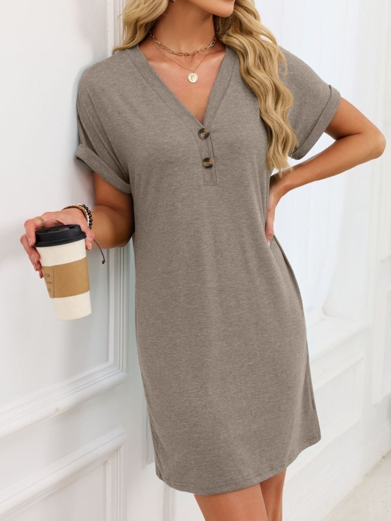 Casual V - Neck Short Sleeve T-Shirt Dress - Coffee by Trendsi from FREYA’S CLOSET