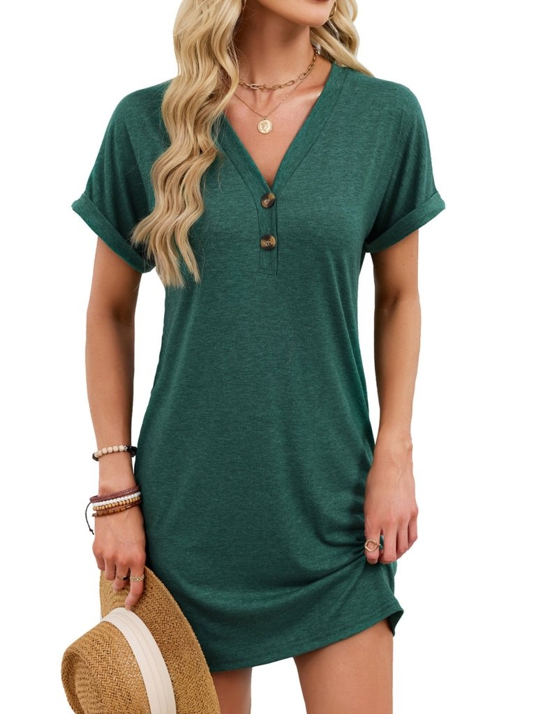 Casual V - Neck Short Sleeve T-Shirt Dress - Dark Green by Trendsi from FREYA’S CLOSET