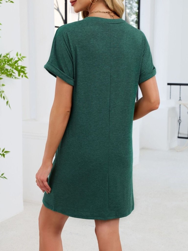 Casual V - Neck Short Sleeve T-Shirt Dress - Dark Green by Trendsi from FREYA’S CLOSET