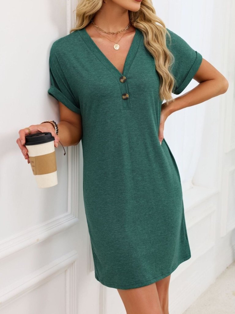 Casual V - Neck Short Sleeve T-Shirt Dress - Dark Green by Trendsi from FREYA’S CLOSET