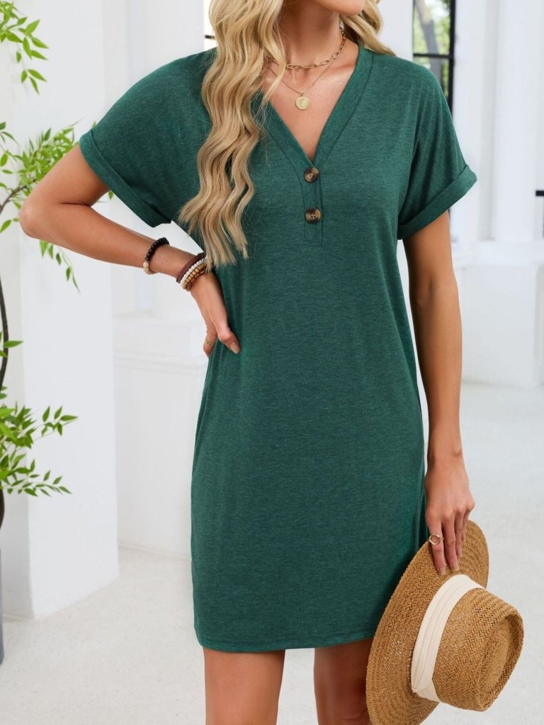 Casual V - Neck Short Sleeve T-Shirt Dress - Dark Green by Trendsi from FREYA’S CLOSET