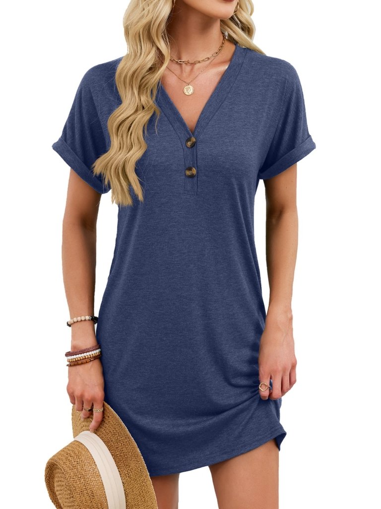 Casual V - Neck Short Sleeve T-Shirt Dress - Navy Blue by Trendsi from FREYA’S CLOSET
