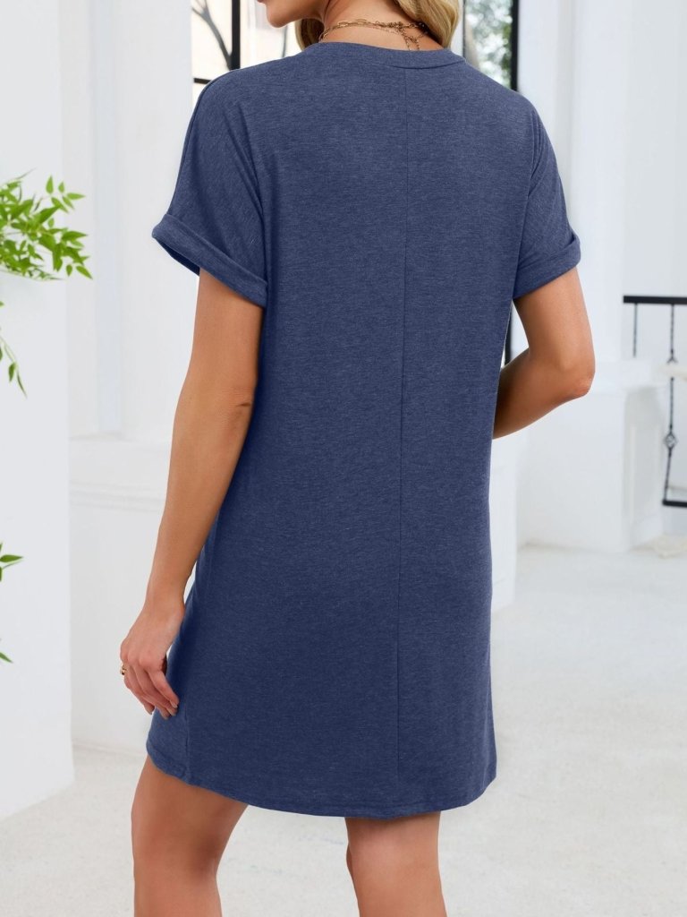 Casual V - Neck Short Sleeve T-Shirt Dress - Navy Blue by Trendsi from FREYA’S CLOSET