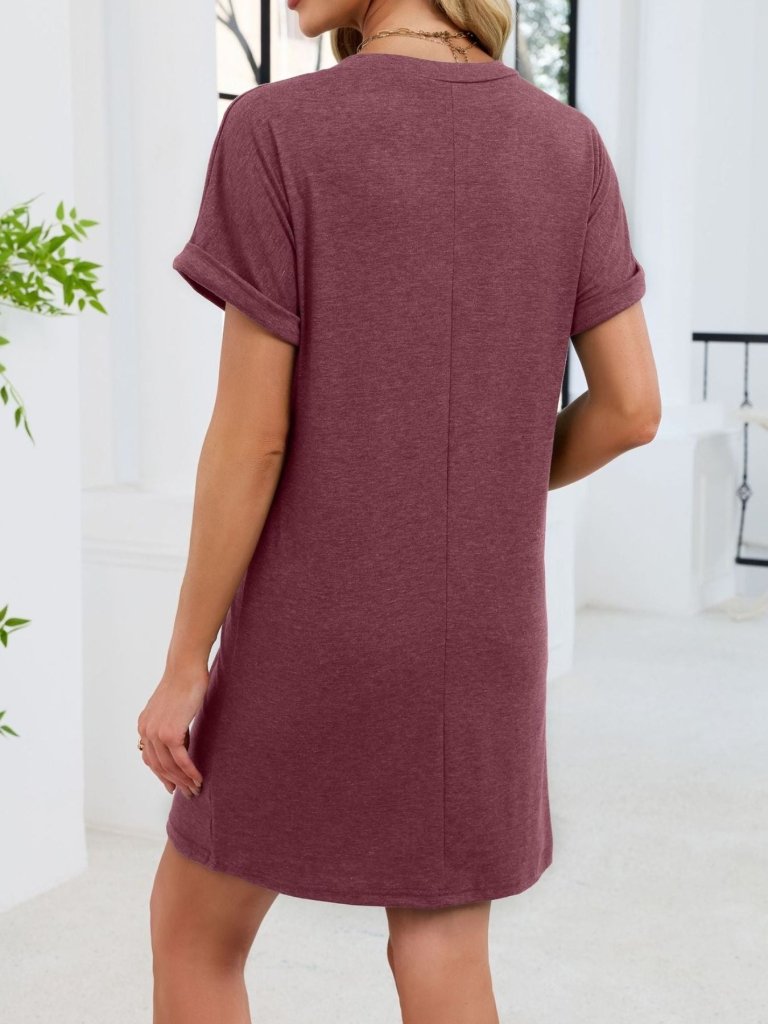 Casual V - Neck Short Sleeve T-Shirt Dress - Wine Red by Trendsi from FREYA’S CLOSET