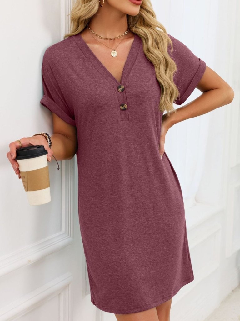 Casual V - Neck Short Sleeve T-Shirt Dress - Wine Red by Trendsi from FREYA’S CLOSET