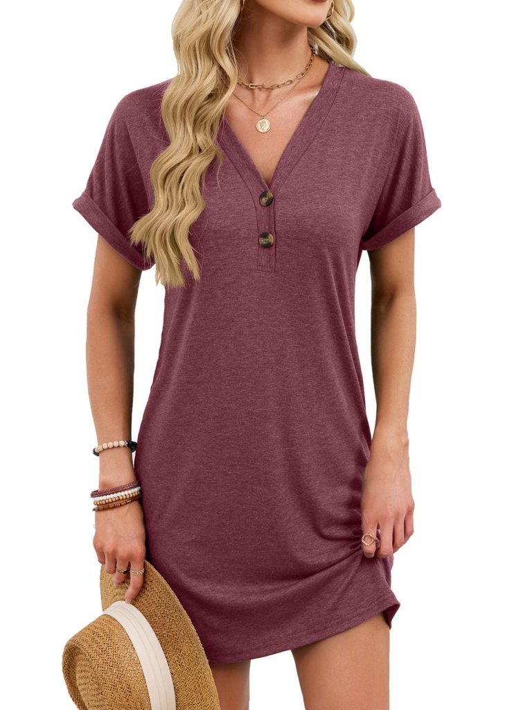 Casual V - Neck Short Sleeve T-Shirt Dress - Wine Red by Trendsi from FREYA’S CLOSET