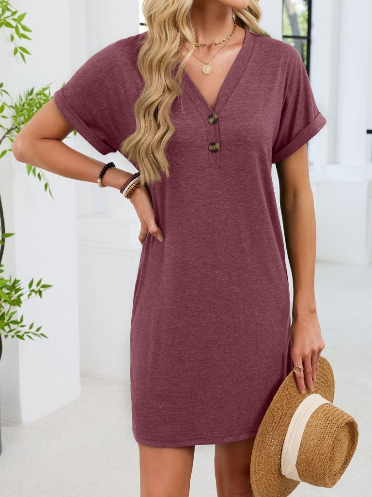 Casual V - Neck Short Sleeve T-Shirt Dress - Wine Red by Trendsi from FREYA’S CLOSET