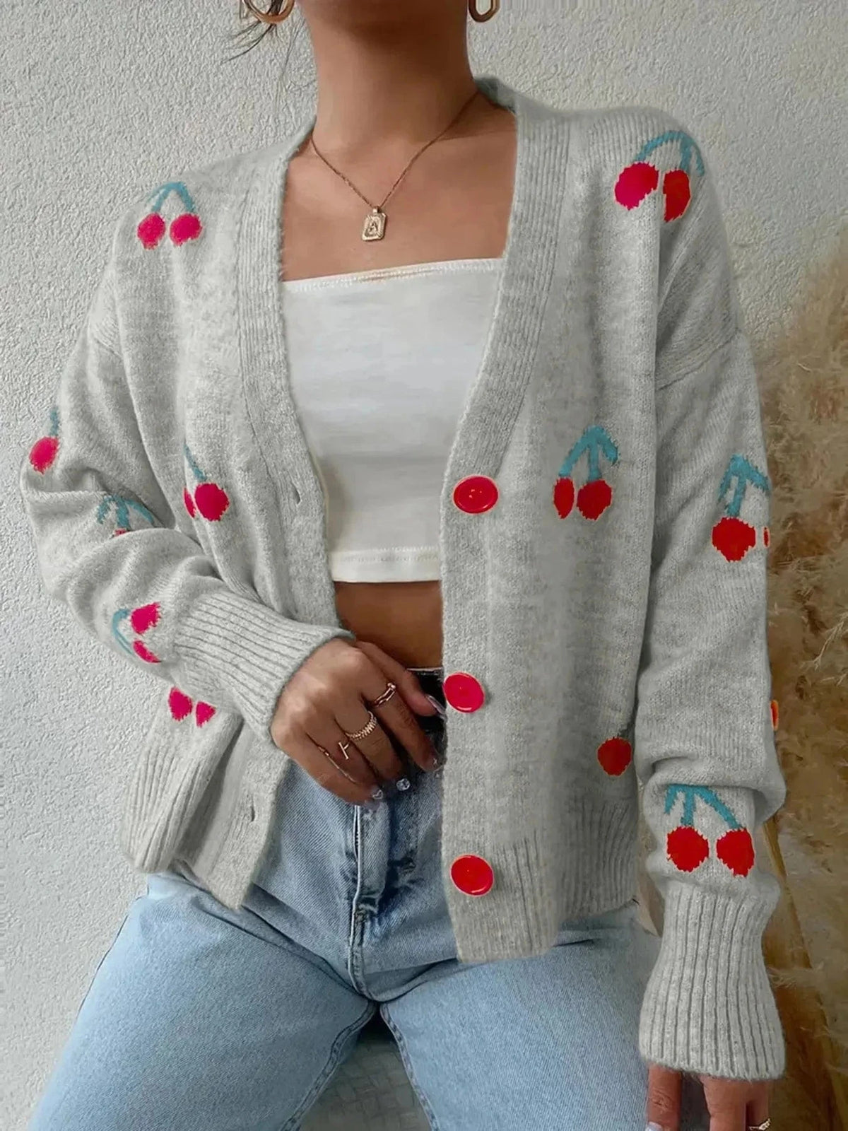 Trendsi Gray / S Cherry Button-Up Knit Cardigan