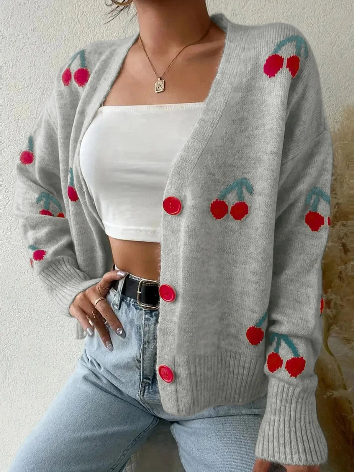 Trendsi Cherry Button-Up Knit Cardigan