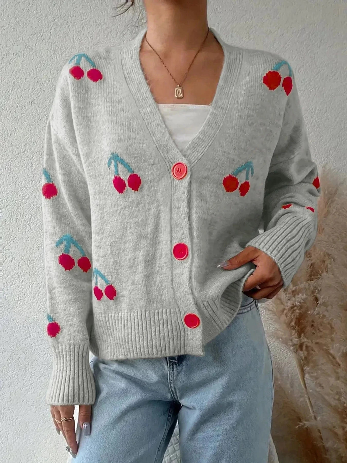 Trendsi Cherry Button-Up Knit Cardigan
