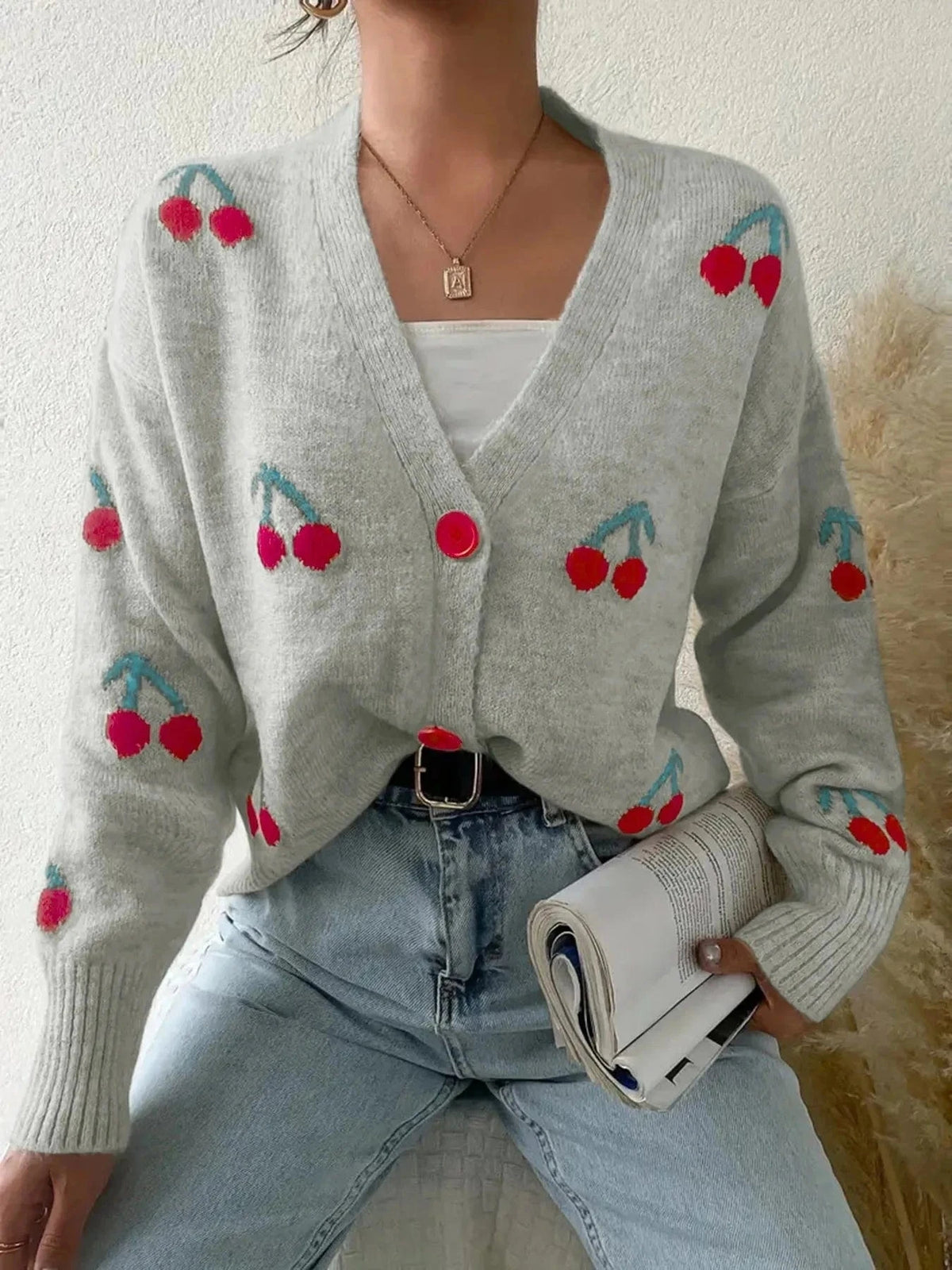 Trendsi Cherry Button-Up Knit Cardigan