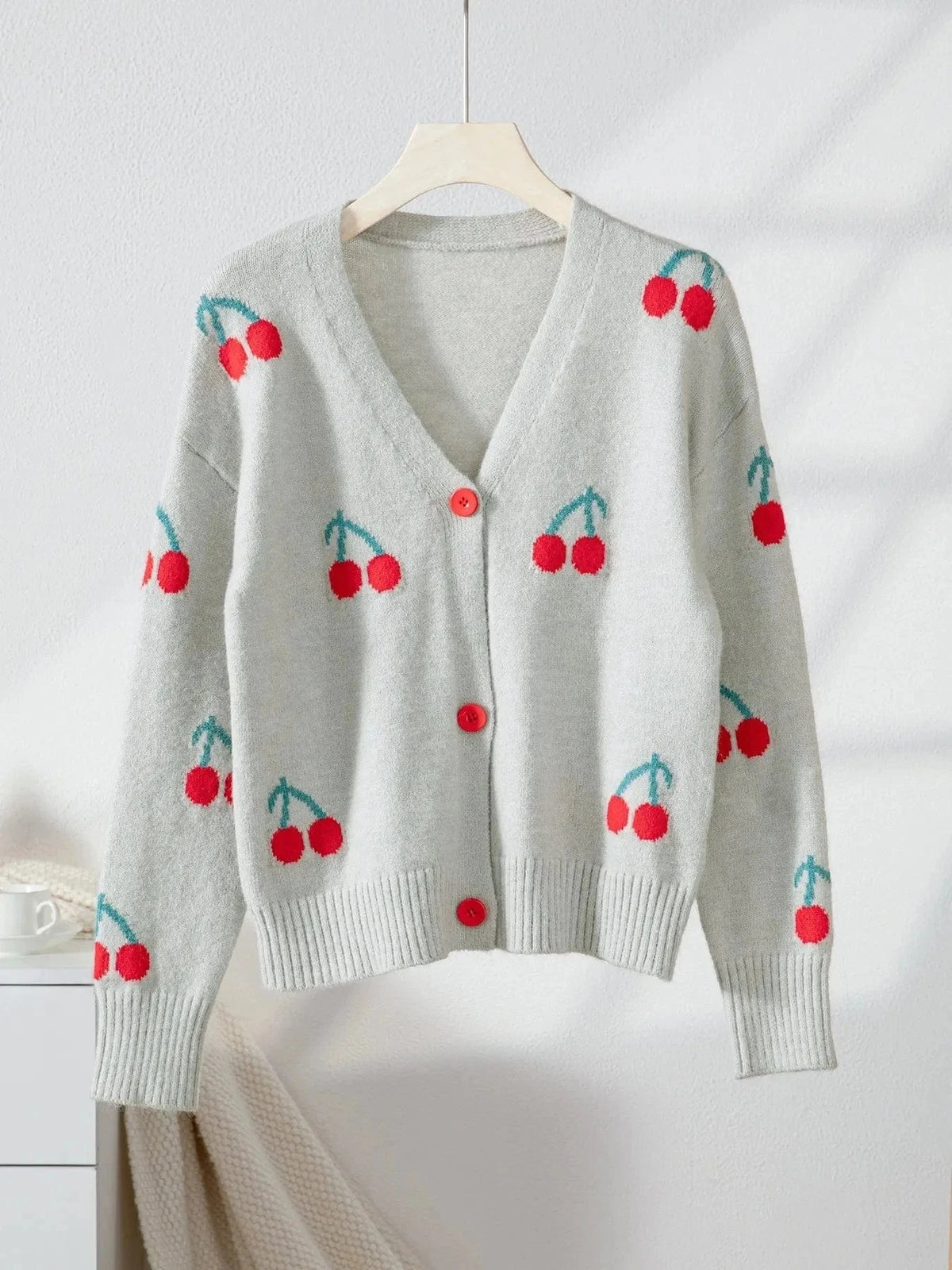 Trendsi Cherry Button-Up Knit Cardigan