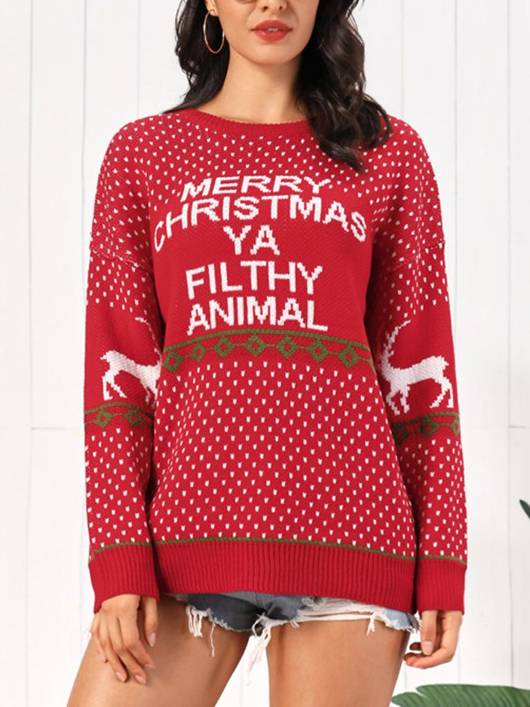 Christmas Element Round Neck Sweater - Red by Trendsi from FREYA’S CLOSET