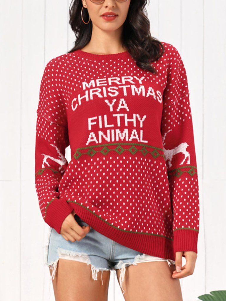 Christmas Element Round Neck Sweater - Red by Trendsi from FREYA’S CLOSET