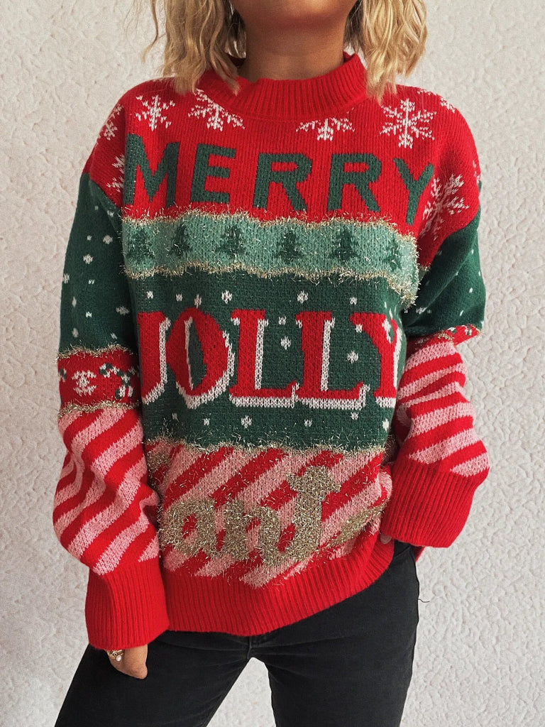 Christmas Letter Round Neck Long Sleeve Sweater - Red by Trendsi from FREYA’S CLOSET