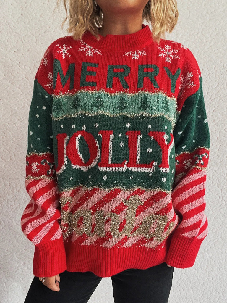 Christmas Letter Round Neck Long Sleeve Sweater - Red by Trendsi from FREYA’S CLOSET